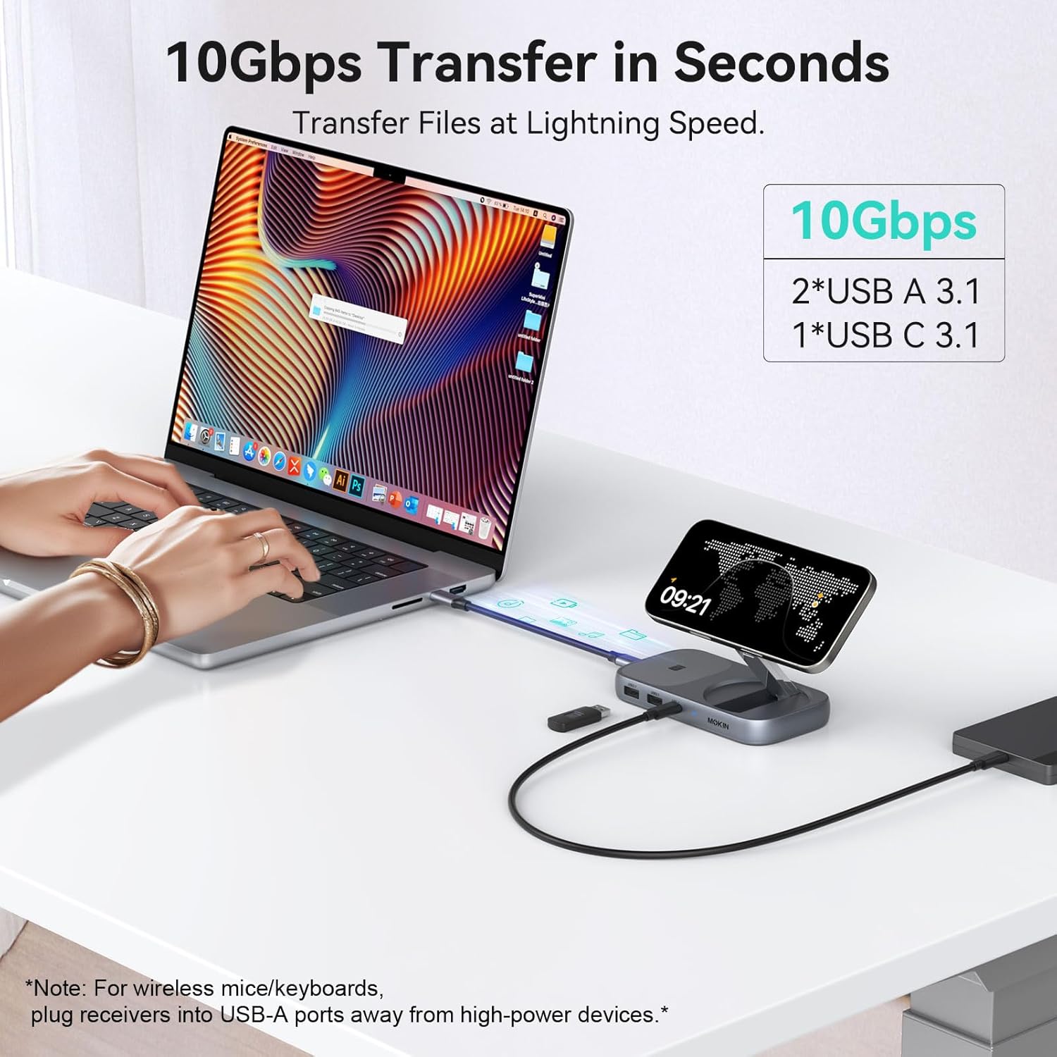 MOKiN USB C Hub with 15W Qi2 Wireless Charger, Laptop Docking Station to 4K HDMI, 100W PD, 10Gbps Ports, 15W+5W Wireless Charging Stand for iPhone 16/15/14/13 & Airpods, USBC Dock for MacBook/Windows