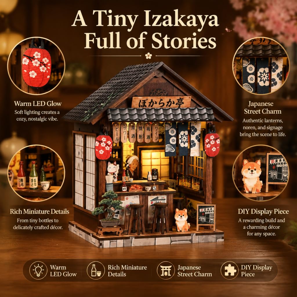 Miniaturowy zestaw do domu, domek dla lalek ze światłem LED, japoński miniaturowy model domów Izakaya, 1:24 drewniany dom "zrób to sam", miniaturowy dom dla dorosłych, japoński regał na książki