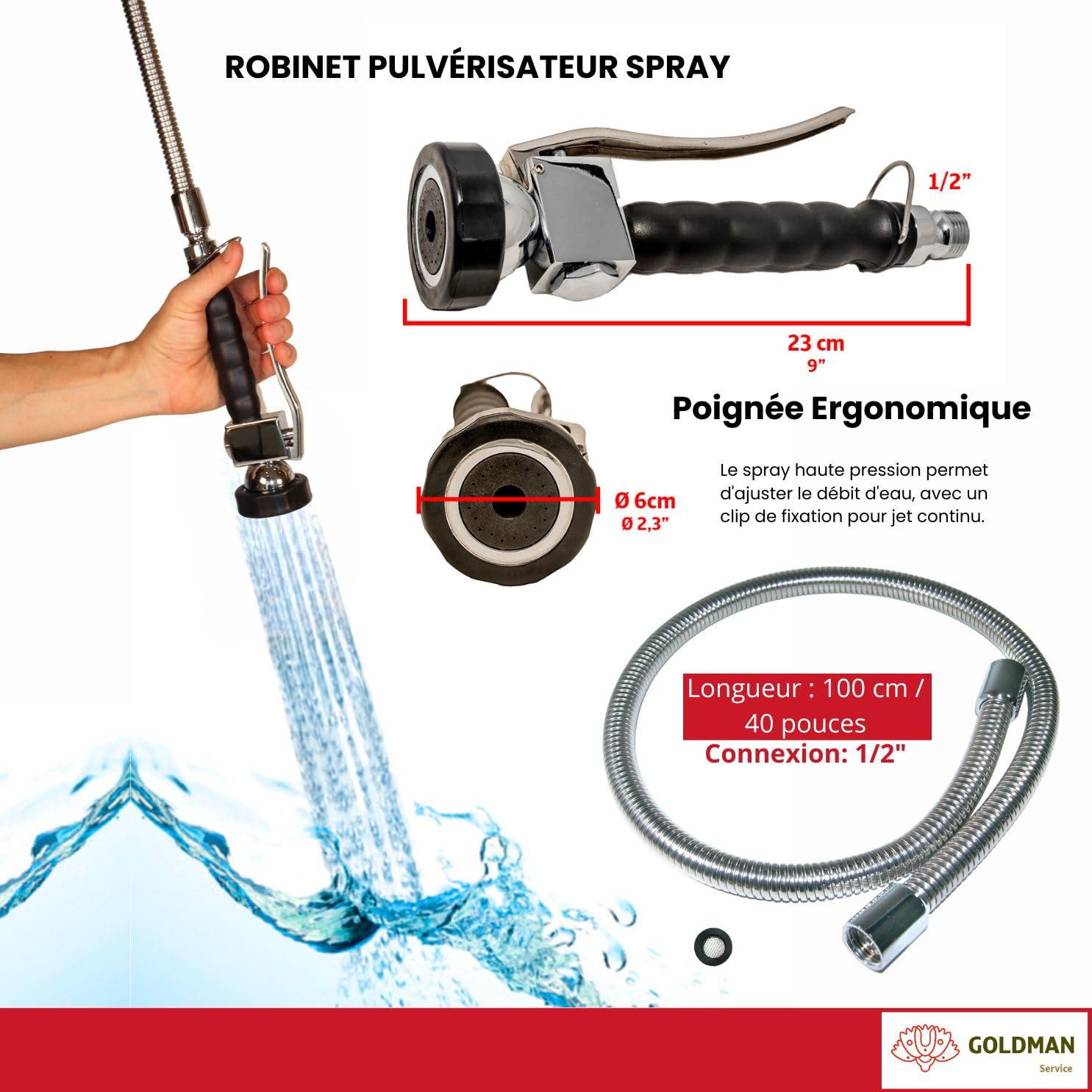 GOLDMAN SERVICE | Robinet de douche industriel et extensible, pour évier de cuisine, hôtellerie et restauration, avec pommeau flexible et pulvérisateur noir, et mitigeur mono-commande