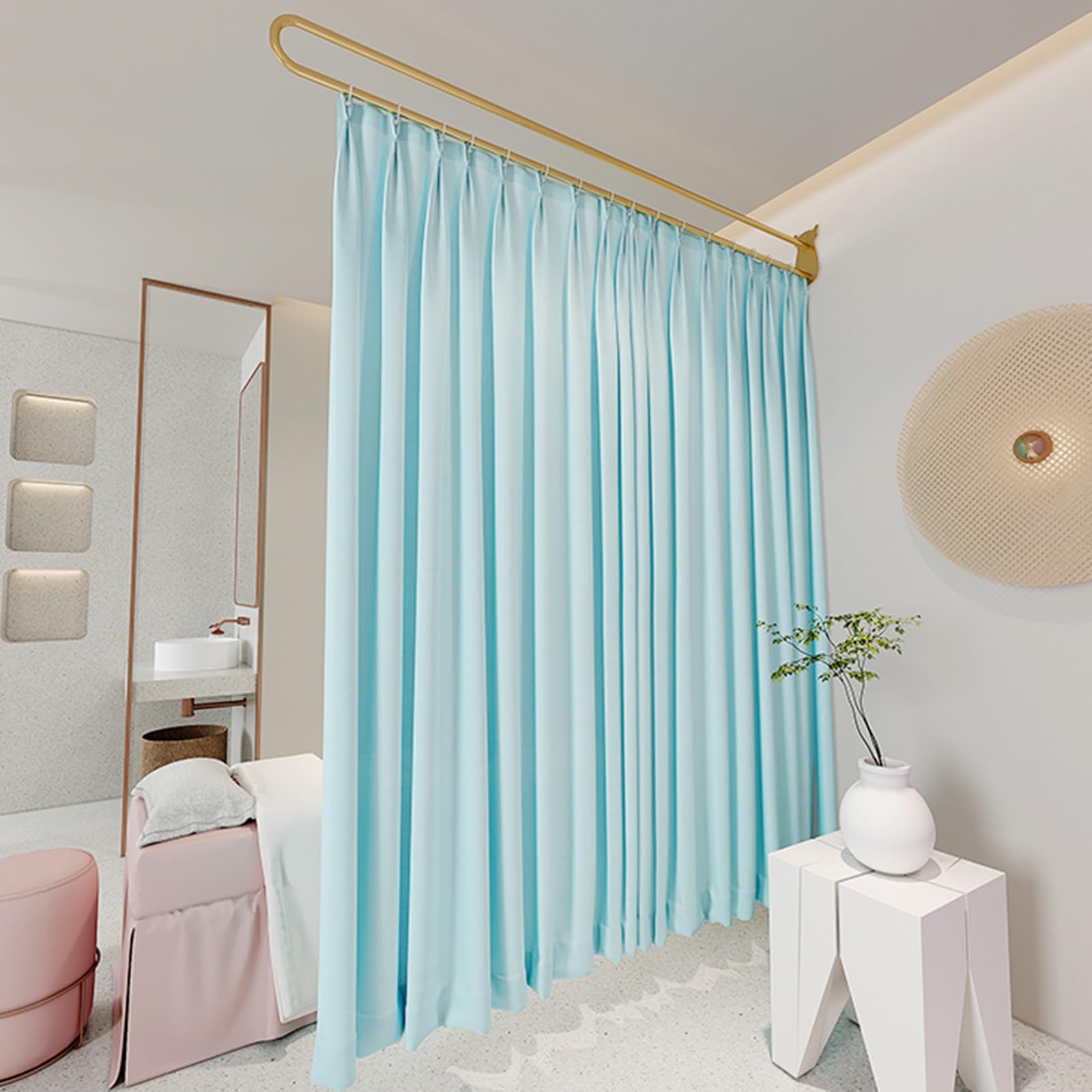 Partition Curtain Rod, Beauty Salon Privacy Partition Curtain with Gold Pole, Room Divider Curtains for Health Center Living Room, Wall Mounted Fitting Booth(Blue set,7.5ft/230cm)