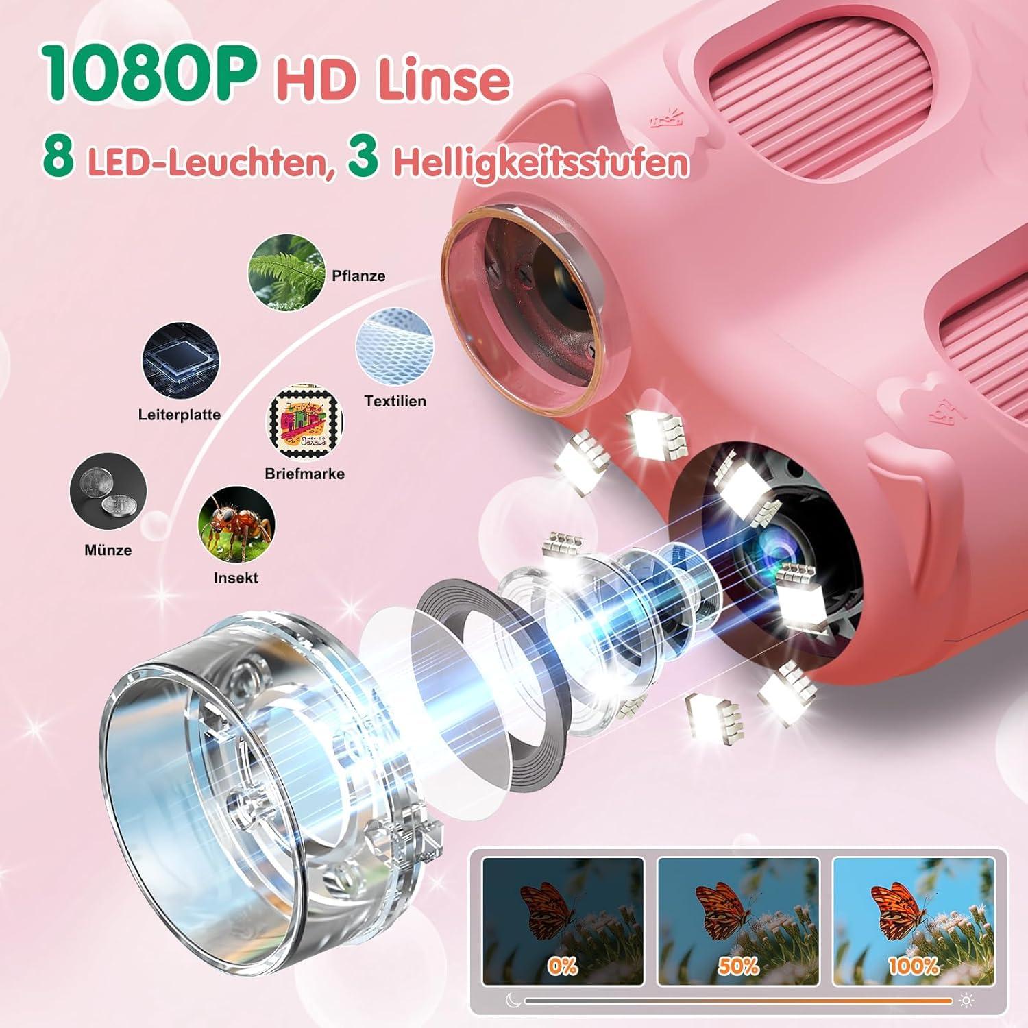 2-in-1 Digitales Mikroskop für Kinder und Teleskop, Tragbares Taschenmikroskop mit 32GB Speicherkarte, 1000X Handy Kindermikroskop mit 2.0" IPS Bildschirm & 8 LED Licht, Geschenk ab 3 Jahren