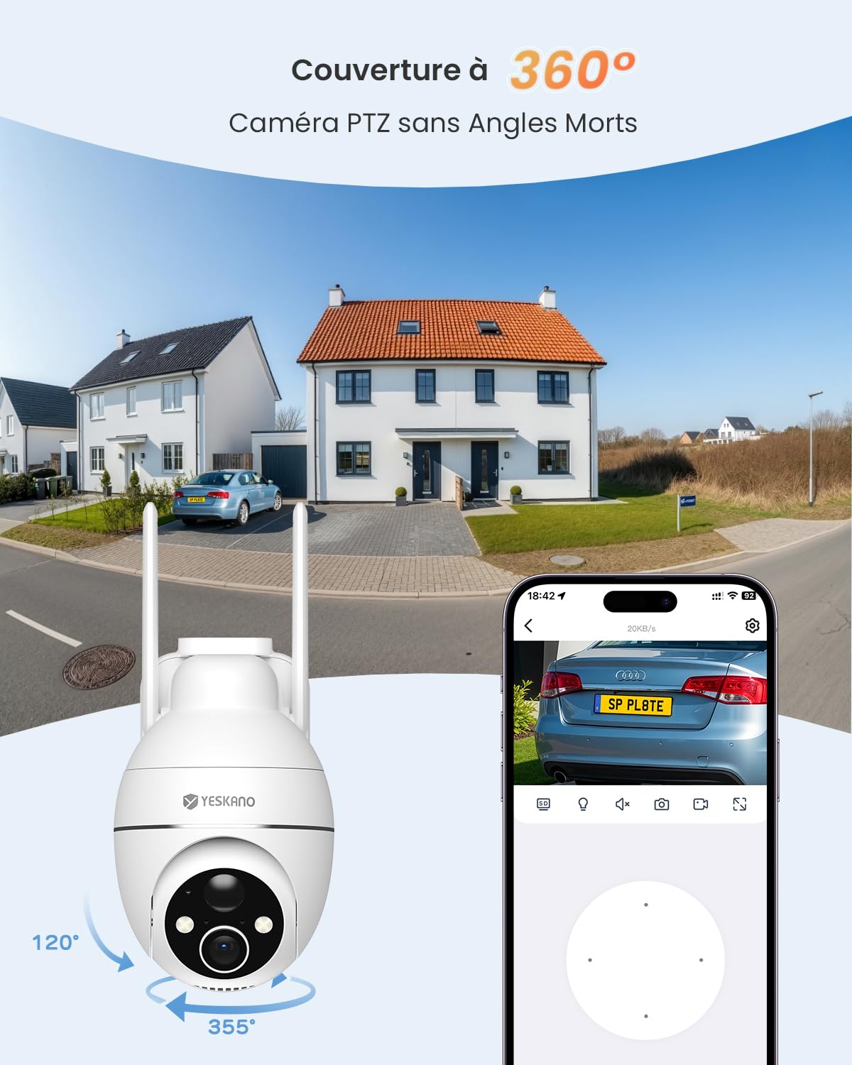 YESKANO 2K Camera Surveillance WiFi Exterieure sans Fil 360° PTZ