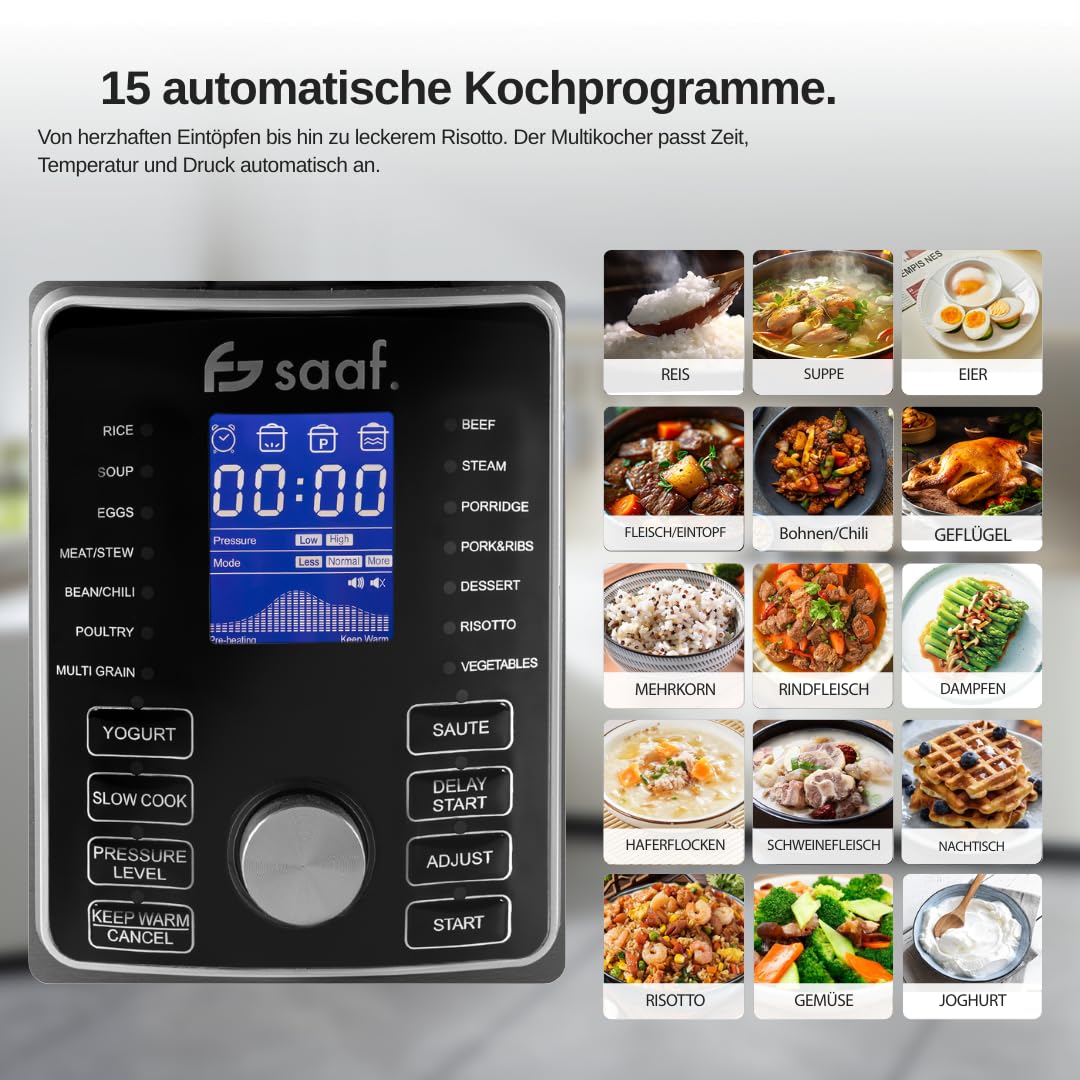 Saaf Multicooker mit Airfryer – 15-Teiliges Set – 24 Programme – Slowcooker, Reiskocher, Dampfgarer & Schnellkochtopf, Schongarer – 6L – Inklusive Korb, Kochtopf & Kochbuch – Digitales Display