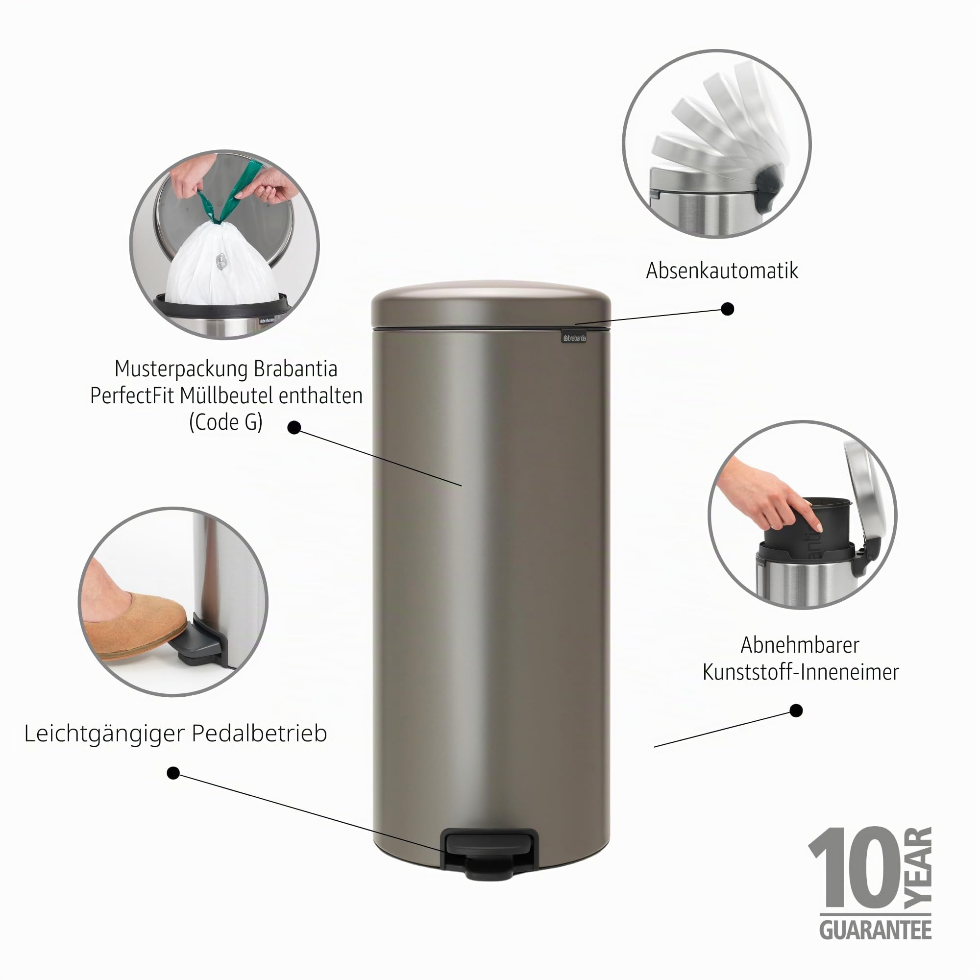 Brabantia 114441 Pedal Bin newIcon Treteimer mit Kunststoffeinsatz in Platin 30 l – Bild 2