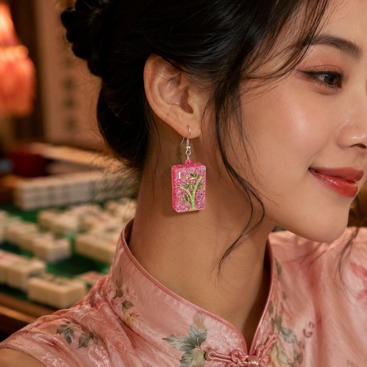 Mahjong Earrings for Women Acrylic Pink Tile Dangle Play Gambling Drop Earring Mahjong Accessories Gifts image 2