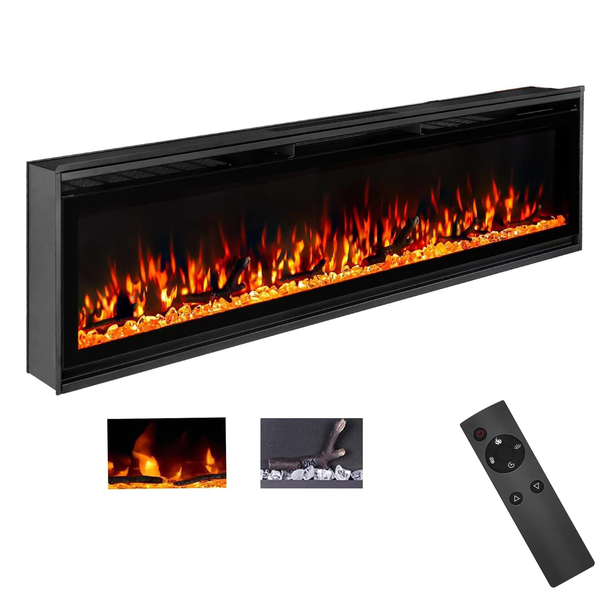 Chimenea eléctrica de 60 pulgadas, chimenea ultrafina montada en la pared con control remoto, llama realista multicolor, pantalla táctil, termostato, temporizador, 750 W/1500 W (tronco y cristal