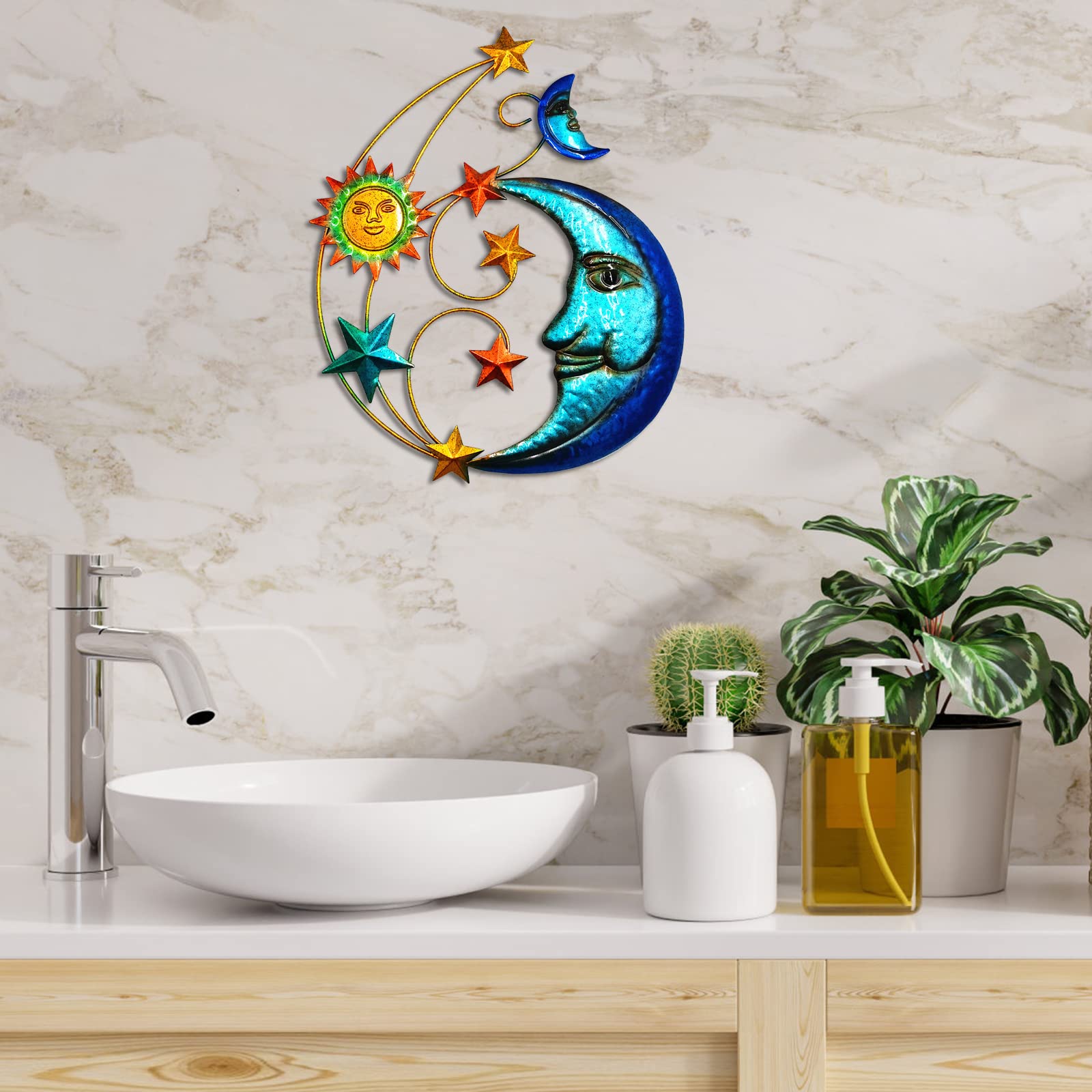 Décoration murale d'extérieur en métal de 43,2 cm, sculpture murale en métal avec lune et étoiles pour décoration murale d'intérieur, salon, chambre à coucher, cour, patio, jardin, clôture, terrasse,