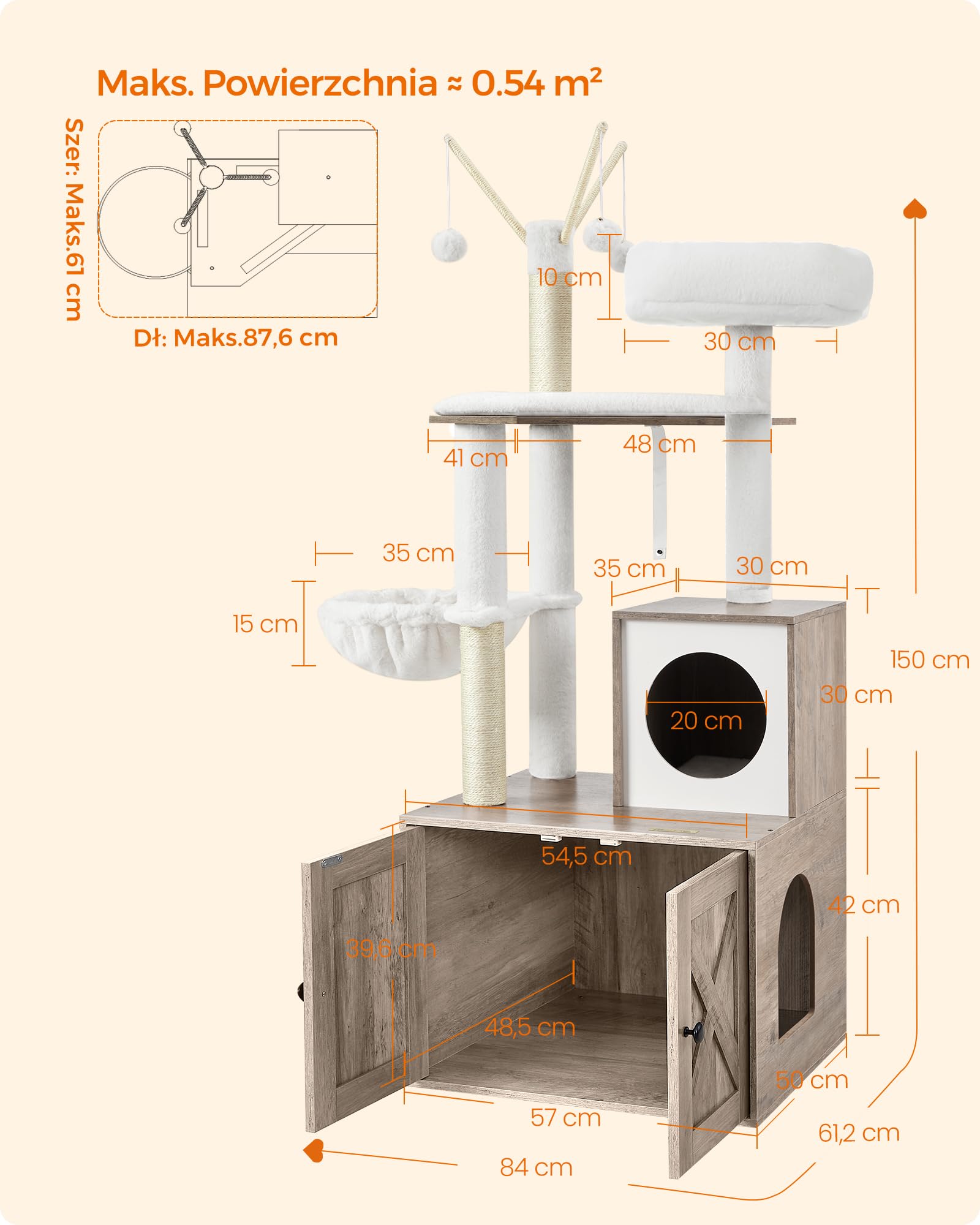 Feandrea PCT113G01 Drapak z szafką dla kota, 2 w 1, szafka na kuwetę dla kota, z pniami sizalowymi, zdejmowane kulki pluszowe, szarobeżowy, 151 cm wysokości