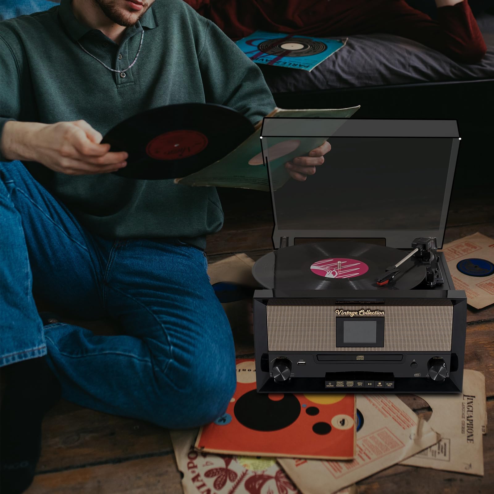 Tocadiscos con altavoces estéreo dobles integrados, tocadiscos de vinilo inalámbrico 9 en 1 de 3 velocidades con disco CD, combo de radio PLL FM/DAB, reproducción y grabación USB, conector para