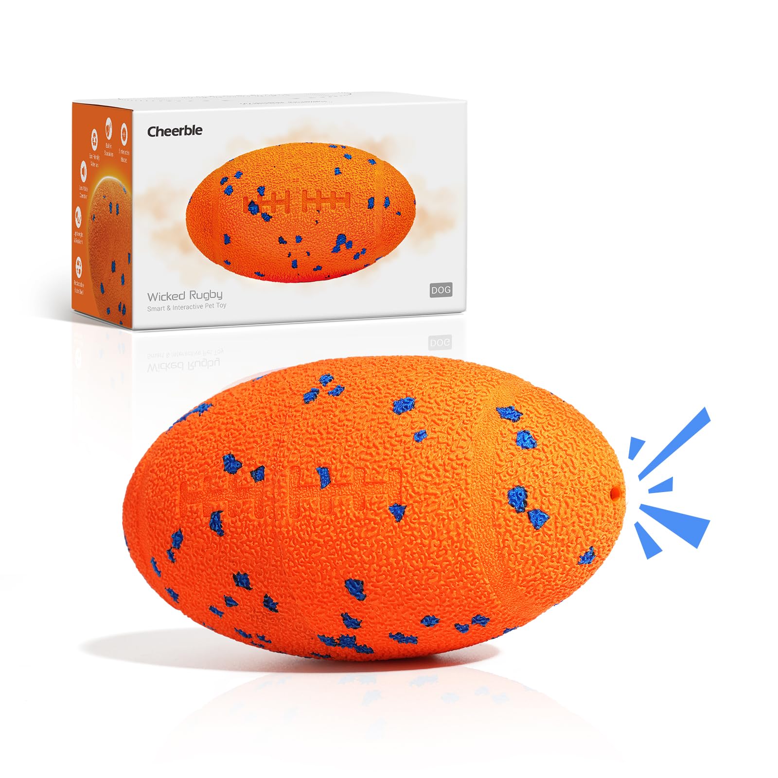 Cheerble 2026 Upgrade Squeaky Dog Toys - Wicked Ball Rugby, Interactive Dog Ball Toy with 3 Modes, E-TPU, USB-C Rechargeable, Auto Bouncing Moving Rotating Dog Ball for All Breeds - Orange