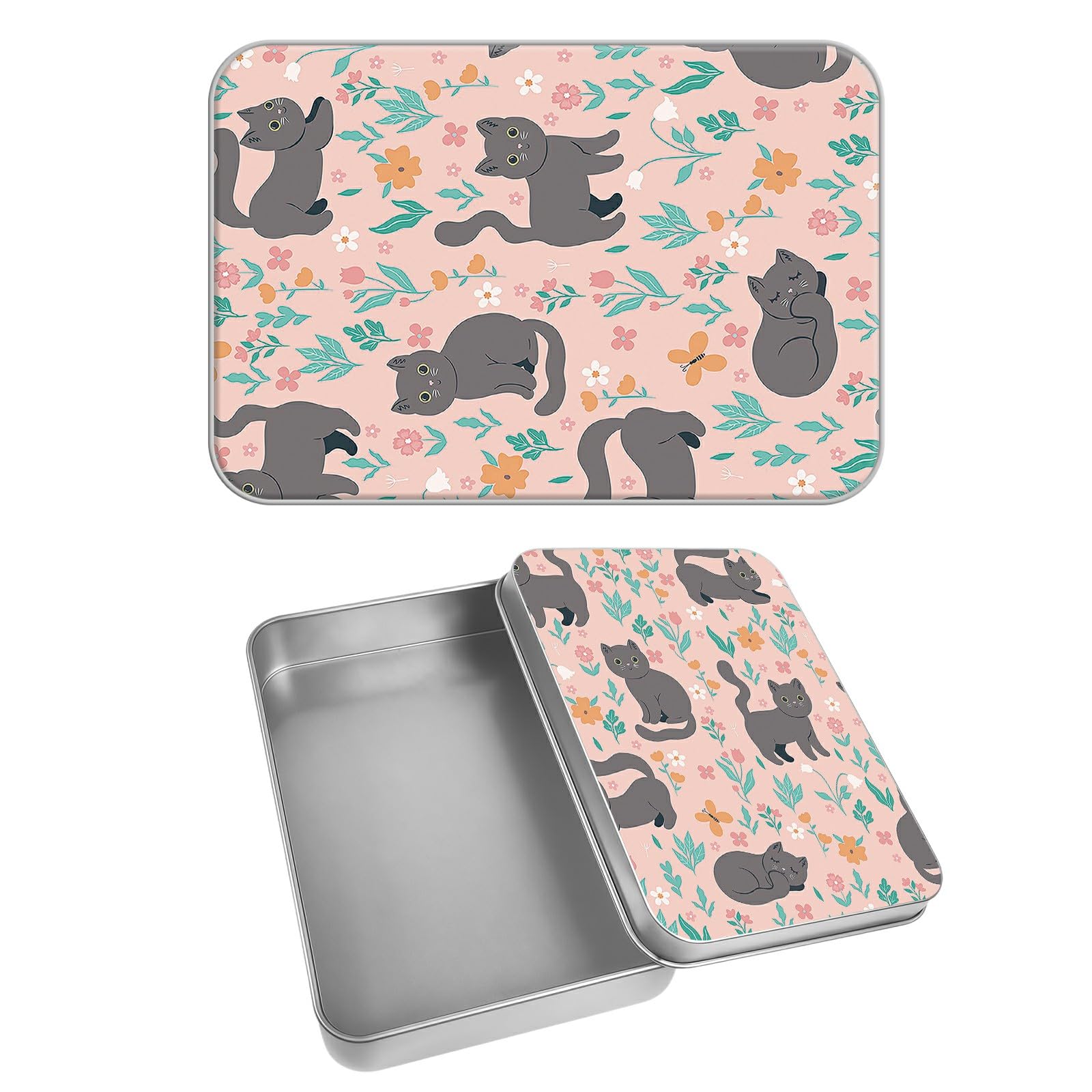 Rectangular Metal Tin Box with Removable Lid, Cat Flower Decorative Printed Metal Storage Container for Cash Ticket Credit Card Check 3.46 x 2.36 x 0.7 inch– Single Pack