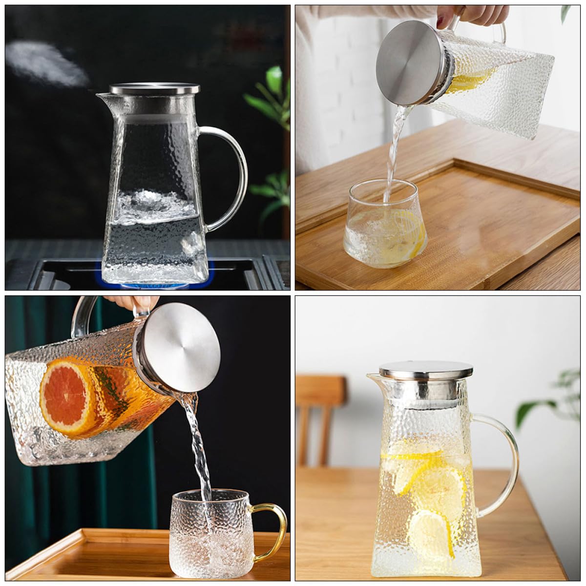 Tofficu Jarra de Agua Fría de Vidrio con Patrón Martillado, Capacidad 1.8l, Base Cuadrada, Apta para Hogar y Restaurante, Adecuado para Té Helado, Jugos y Bebidas Frías