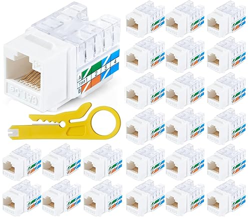 Cat5e RJ45 Keystone Jack 25-Pack Conector de módulo Listado UL, Acoplador de inserción de 90 grados, adaptador de conector Keystone Punch Down,