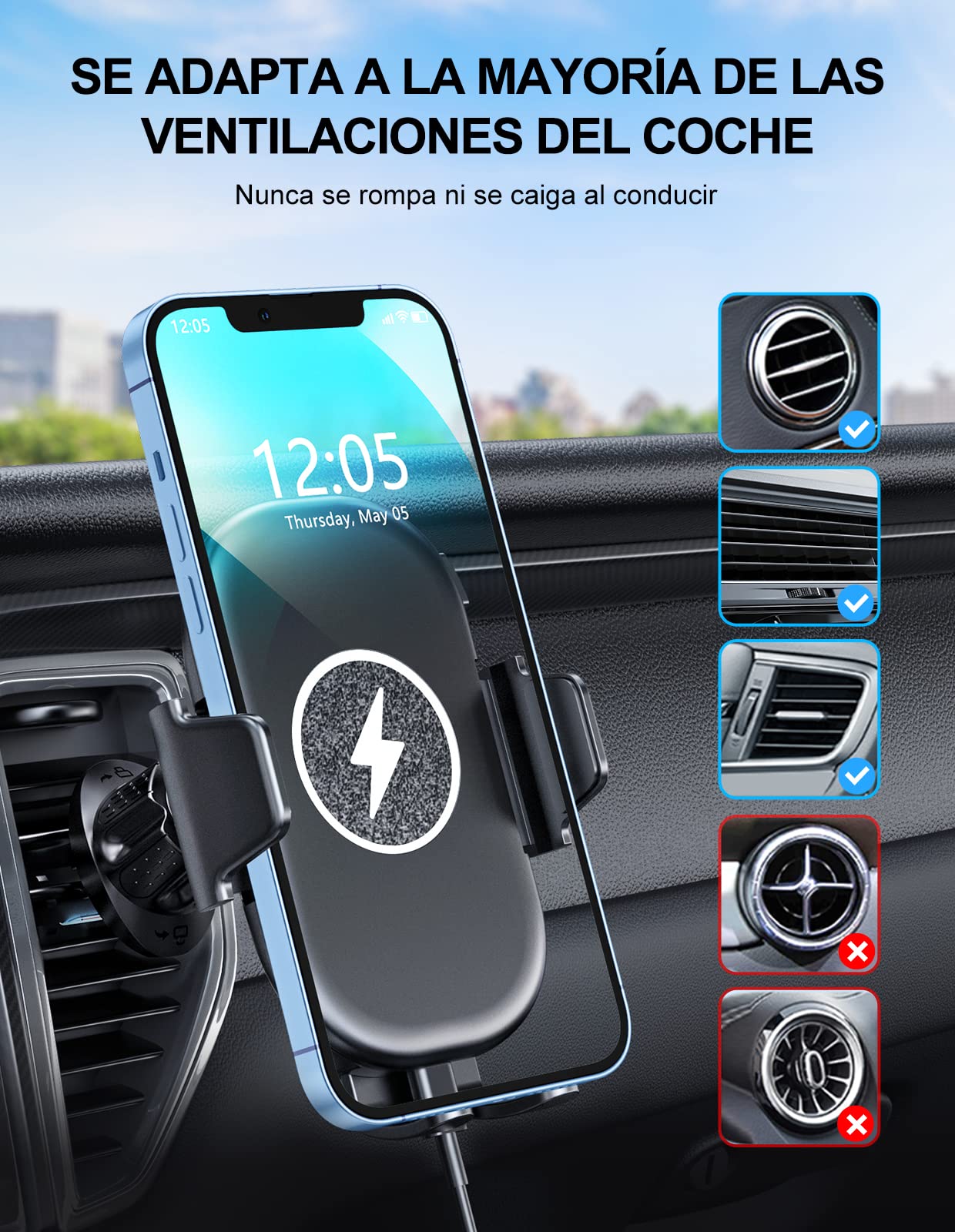 Mohard 15W Qi Cargador Inalámbrico Coche con Adaptador Cargador, Soporte Móvil Coche Carga Rápida, Rotación de 360° Sujeta Movil Coche Compatible con iPhone 16 Pro Max/15/14/13, Galaxy S25 Ultra/S23
