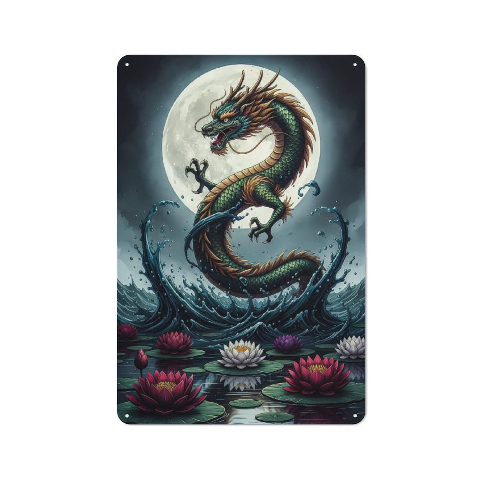 Cosy Dragon And Lotus Flowers Metal Plaque 30x20cm, Kitchen Wall Decor for Kitchen, Cafe, Pantry Or Dining Room