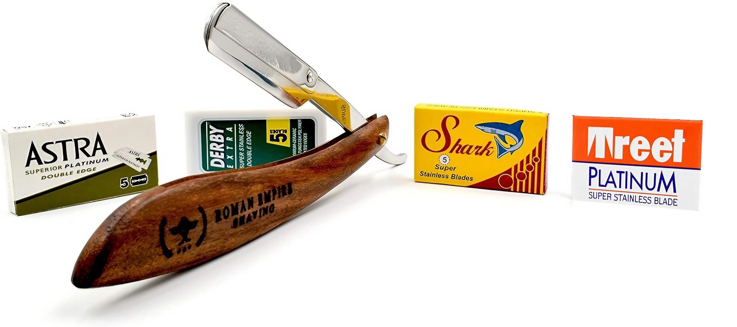 Golączka ręczna Roman Empire Shaving® zestaw brzytwy Poseidon z 20 żyletkami Astra, Derby, Shark, Treet