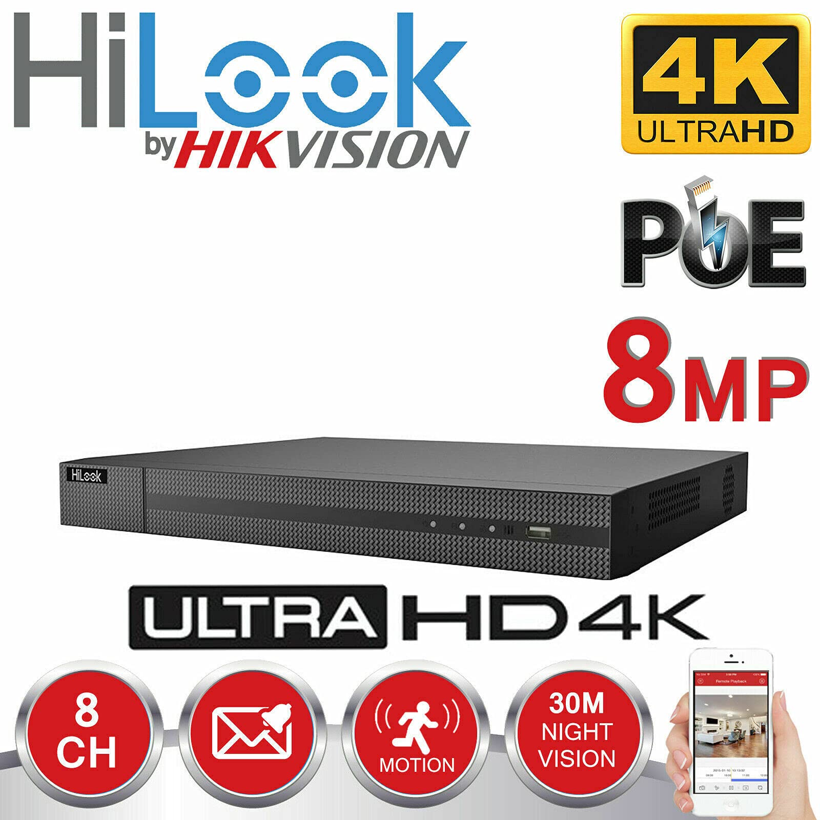 8 MP 8CH HILOOK NVR POE 4K UHD NETWORK NVR-208MH-C/8P-1TB HDD wstępnie zainstalowany