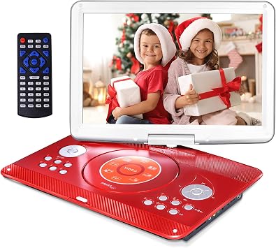 16.9" Portable DVD Player with 6 Hrs 5000mAH Rechargeable Battery, Car DVD Player Portable with 14.1" Large Swivel Screen, Sync TV Support USB/SD Card with Car Charger, Red