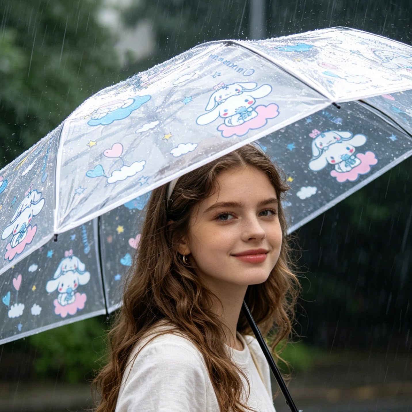 Roffatide Anime Cinnamoroll Cute Dog Clear Bubble Umbrella - 8 Ribs Folding Travel Windproof Waterproof Light Protection Transparent Rain Umbrella White