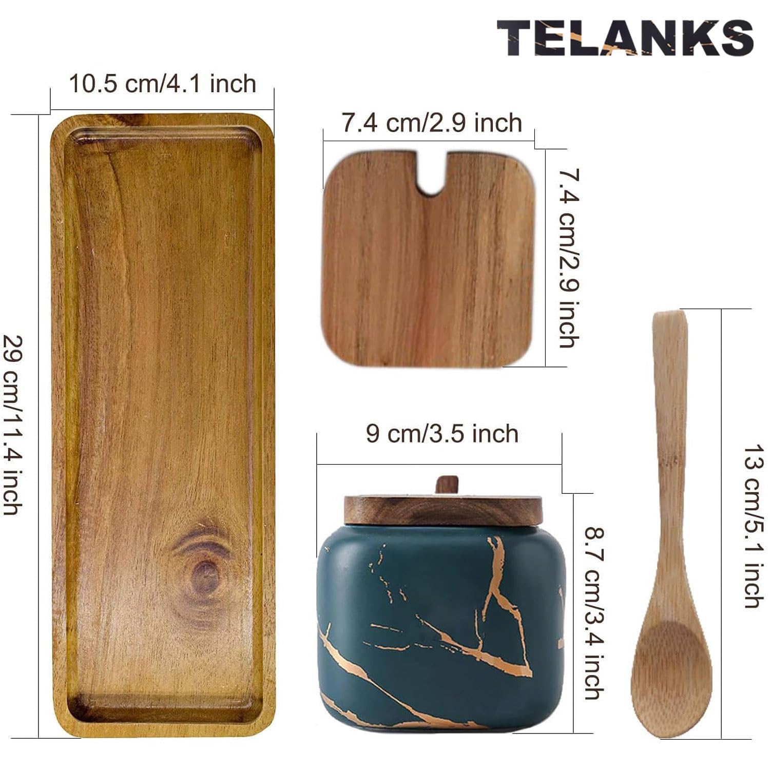 TELANKS Set Zuccheriera in Ceramica, 3 pz Condimento Box con Coperchio e Cucchiaio e Vassoio, Spezia Jar Cucina Scatola Barattolo di Spezie, Utensili da Cucina Forniture per Spezie, Verde
