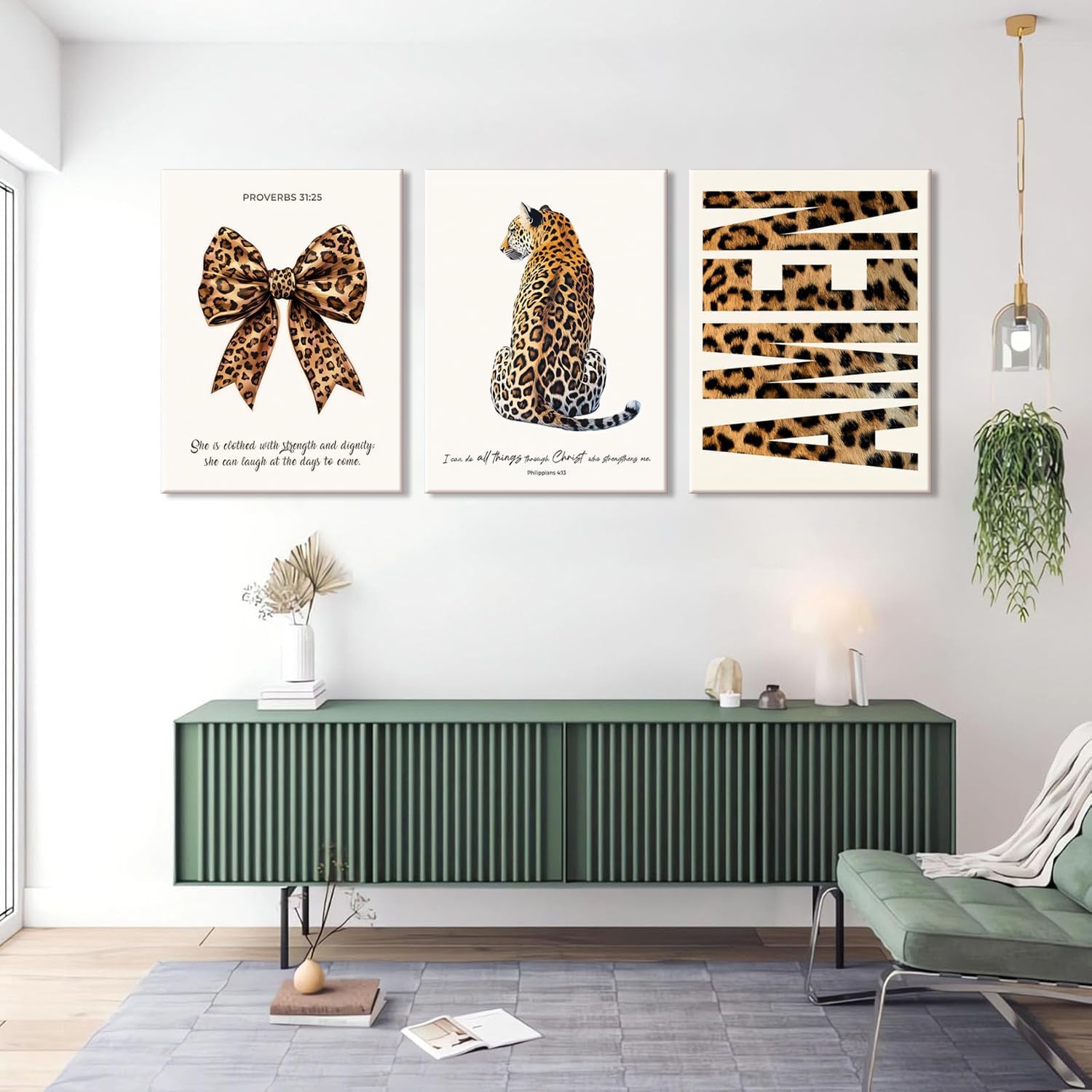 3Pcs Trendy Leopard Canvas Wall Art, Funky Inspirational Bible Quotes Lucky Bow Posters Prints Preppy Room Aesthetic Cheetah Wall Decor Pictures for Bedroom bathroom livingroom office16x24in Framed