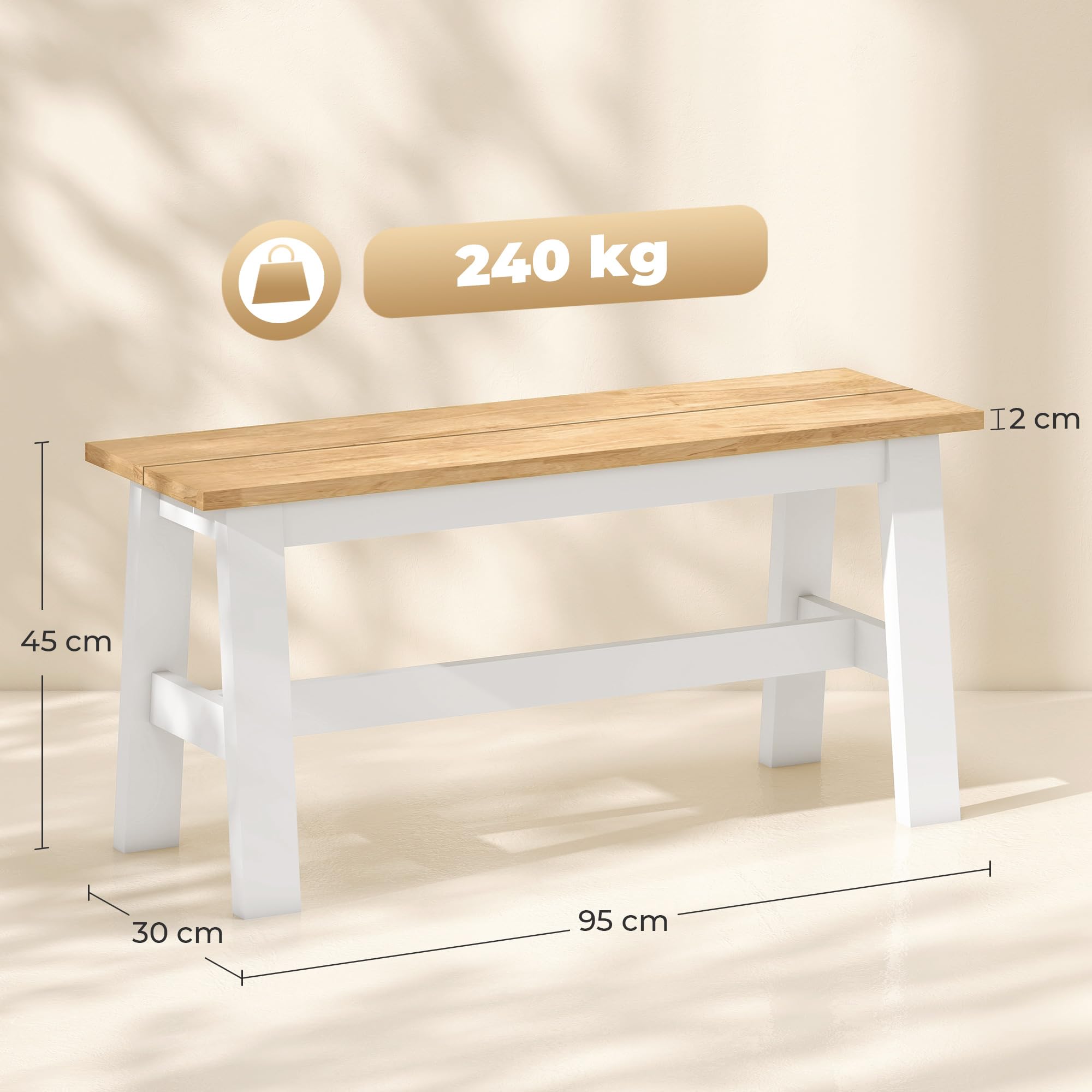 HOMCOM Sitzbank für Esszimmertisch Küchenbank aus Kautschukholz Holzbank mit Landlaus-Stil Essbank für Esszimmer, Eingang, Schlafzimmer, bis 240 kg, 95 x 30 x 45 cm, Eiche