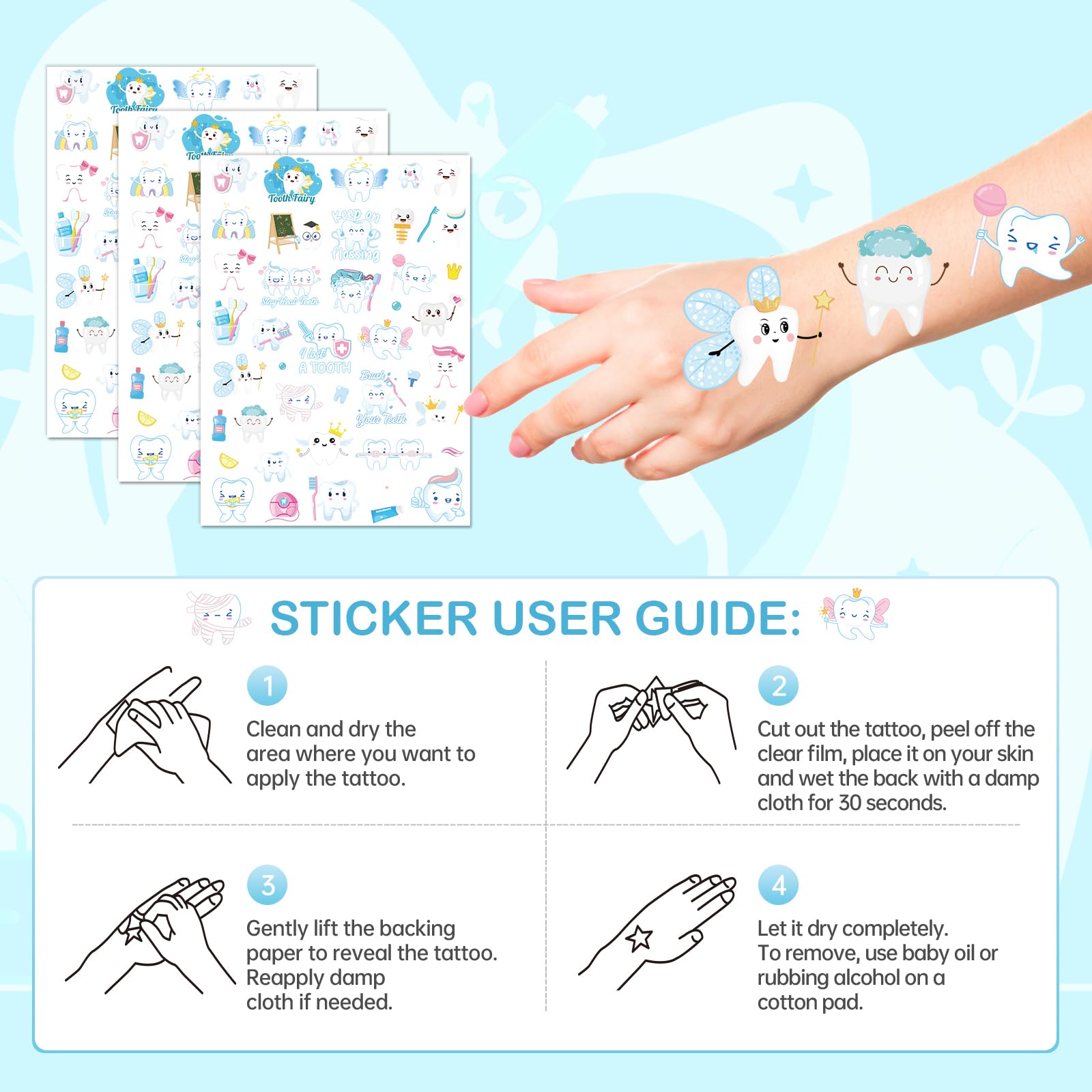 Dental Tooth Temporary Tattoos Stickers - 8 Sheets 280 Pcs Cute Cartoon Teeth Fairy Gifts One's First Teeth Tattoo Sticker for Kids Funny Dentist Party Decorations Hospital Doctor Prizes Rewards