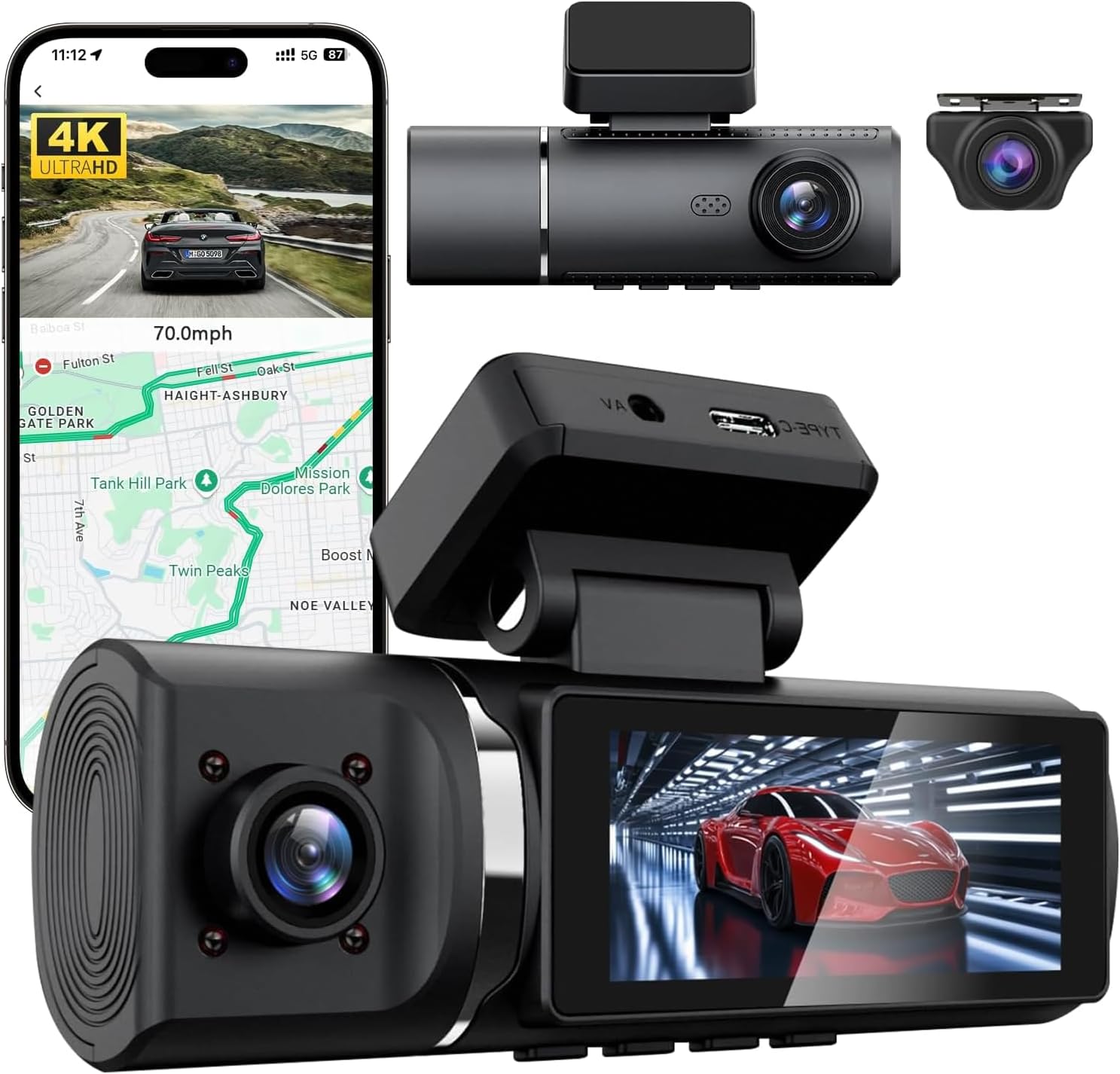 3 Channel Dash Cam,4K+1080P+1080P Front and Rear Inside, Dash Camera for Cars,WDR Night Vision,Smart Voice Control,Built-in WiFi&GPS,APP Control,G-Sensor, 24H Parking Mode, Free 64GB SD Card