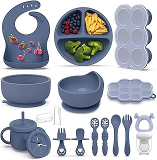 16 Pack Silicone Baby Feeding Set, BPA-Free Baby LED Weaning Supplies, Include Suction Plates, Baby Bowls, Silicone Fork & Spoon, and More, First Stage Baby Food Eating Utensils - 6+ Months(Blue, 16)