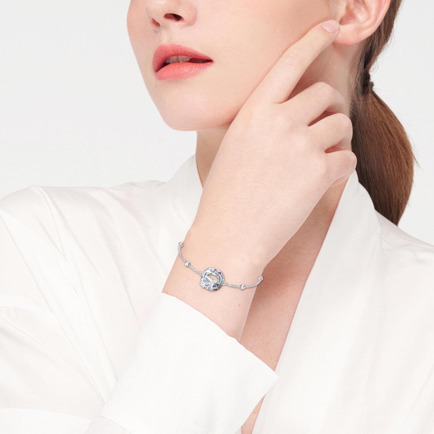 MONGAS Airplane Bracelet 925 Sterling Silver Airplane Link Bracelet Created Crystal Bracelets Travel Jewelry for Women Pilot Flight Attendant Gifts