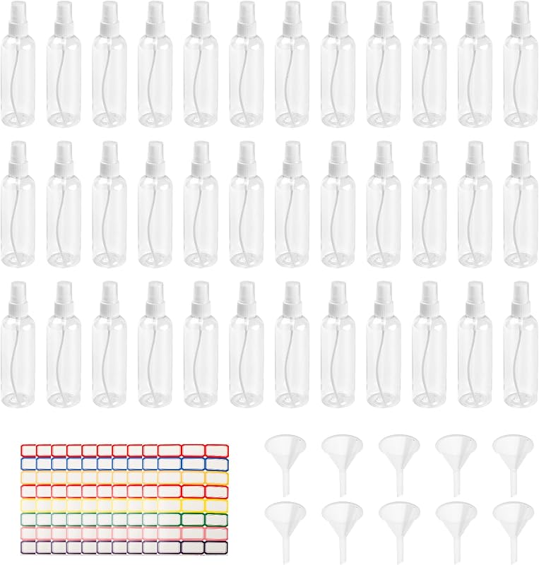 YEUIKERR 36 Frascos Plásticos com Spray de Névoa Fina, 120 mL, Transparentes, com 10 Funis e 10 Etiquetas