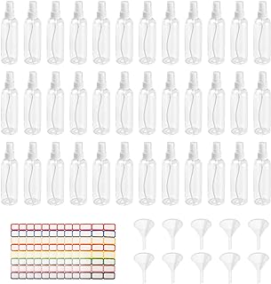 36 Pack Plastic Small Spray Bottles 4 oz/120 ml, Fine Mist Clear Empty Plastic Small Travel Spray Bottle, with 10 Funnels and 10 Labels