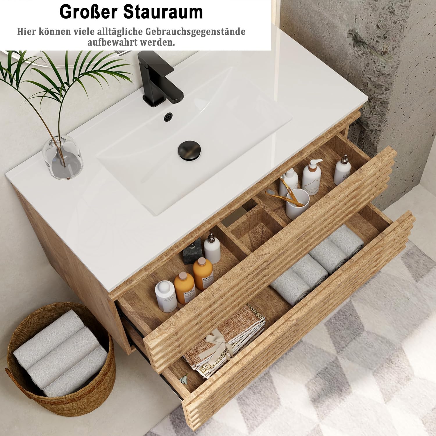 UEV Umywalka z szafką pod umywalkę, 90 cm, wisząca, szuflady z systemem Soft-Close, miejsce do prania, umywalka ścienna, meble łazienkowe, meble łazienkowe, zestaw mebli łazienkowych dla gości, kolor