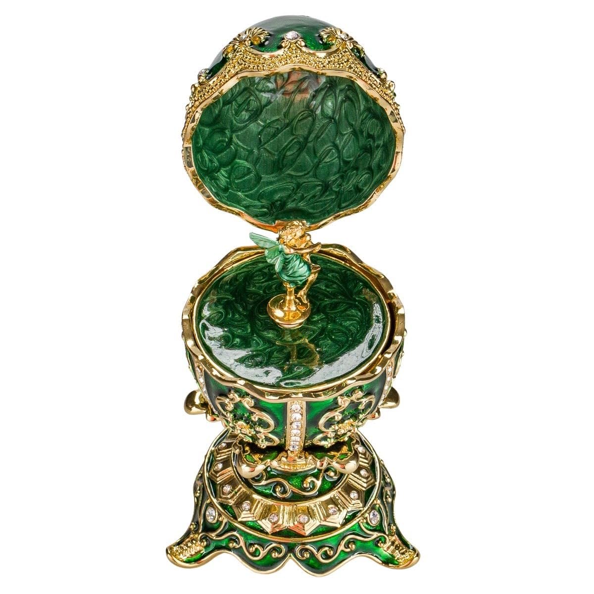 danila-souvenirs Jajko muzyczne w stylu Faberge Szkatułka na biżuterię z figurką wróżki 12,5 cm zielone