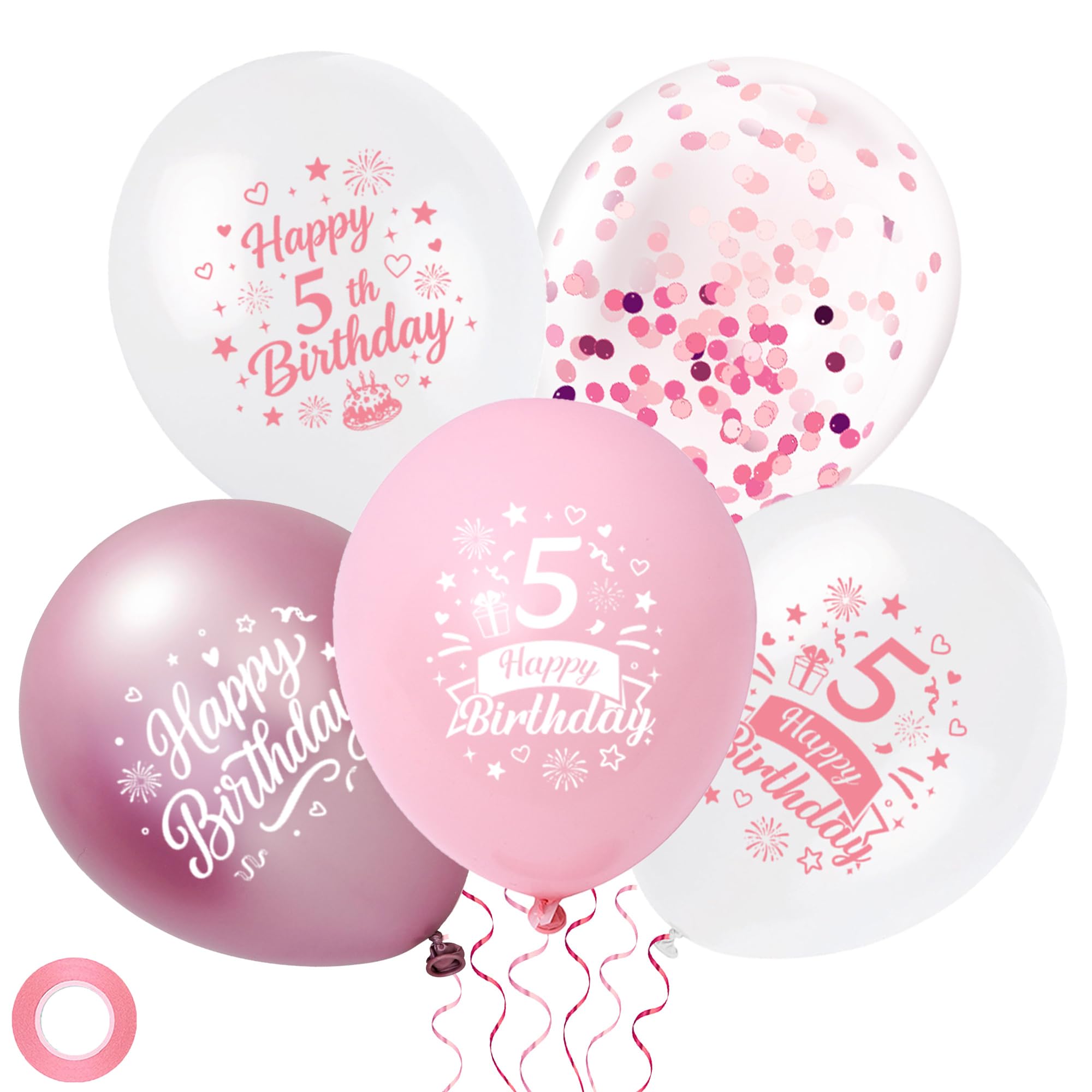 Pink 5th Birthday Balloons Decorations - 30pcs Latex Balloons with Ribbon for Girls, 12 Inch Happy 5th Birthday Party Balloon Decor Supplies