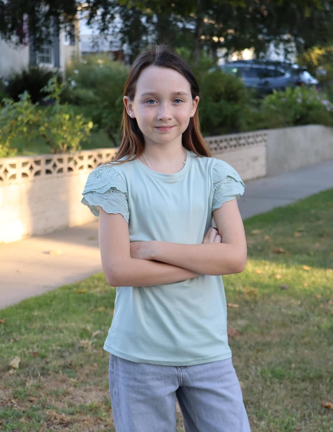 Arshiner Girls T Shirts Lace Petal Short Sleeves Kids Crewneck Casual Blouse Summer Tops Tees - Image 3