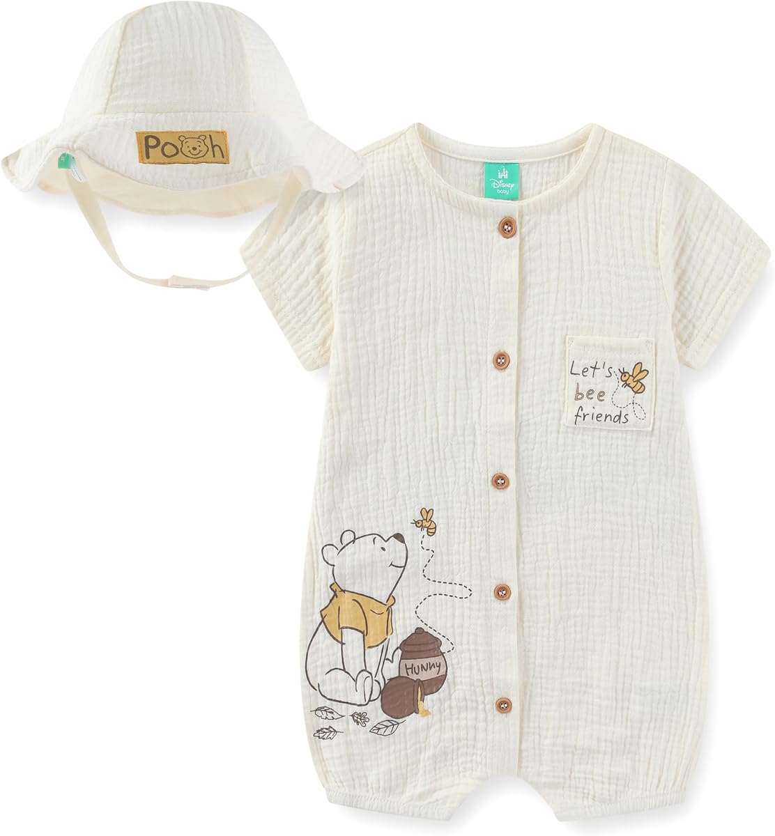 Disney Pooh - Mameluco de gasa para bebés con sombrero de cubo, juego de 2 piezas para bebés