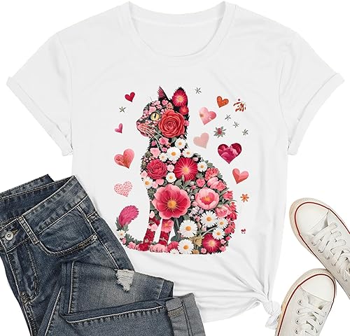 Floral Cat Valentines Shirt Women Womens Valentines T-Shirt Cat Lover Valentines