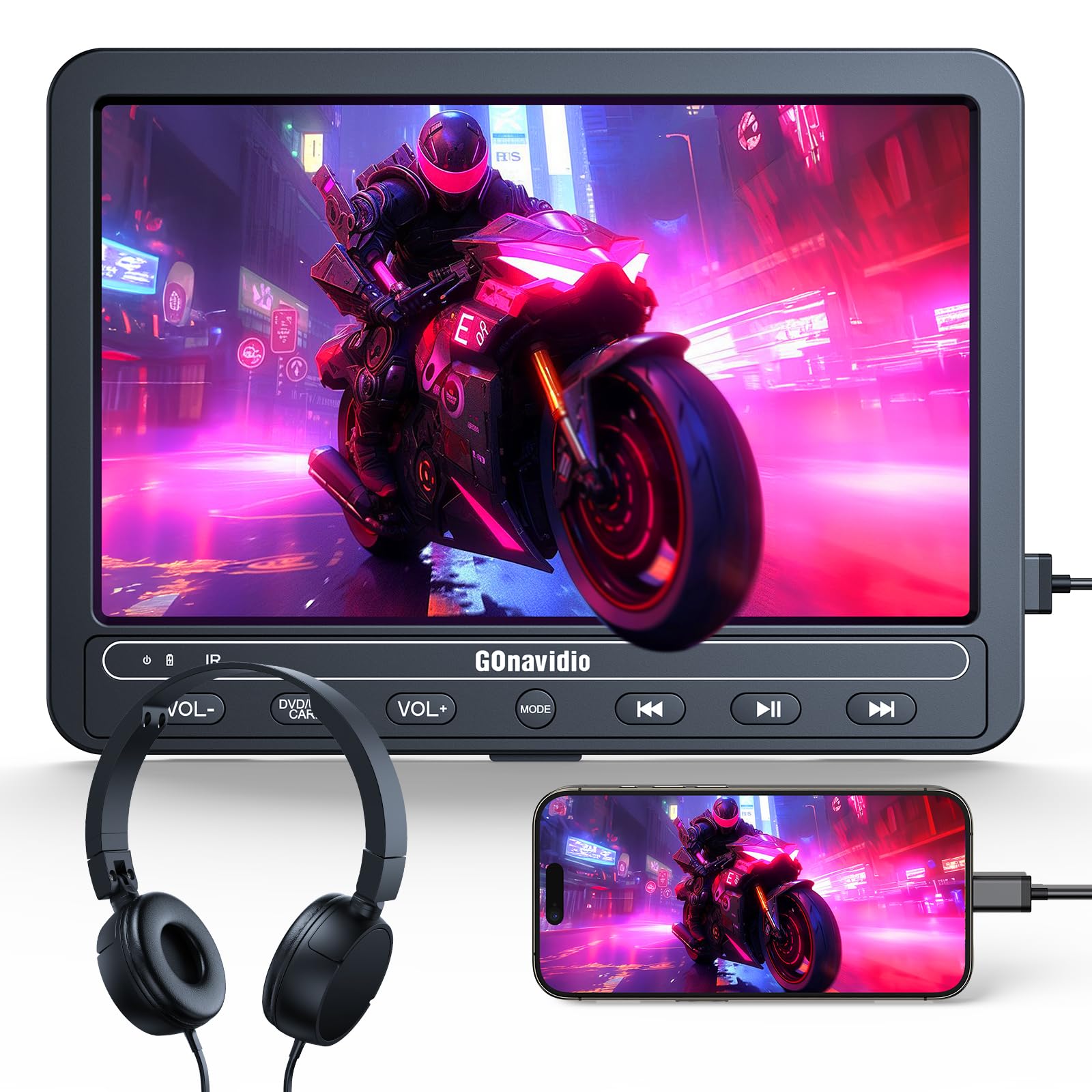 GOnavidio 10,5" DVD Portátil para Automóvil con Entrada HDMI, Reproductor de DVD para Niños 5 Horas Batería Recargable Incorporada con Tarjeta USB/TF, Viene con Auriculares