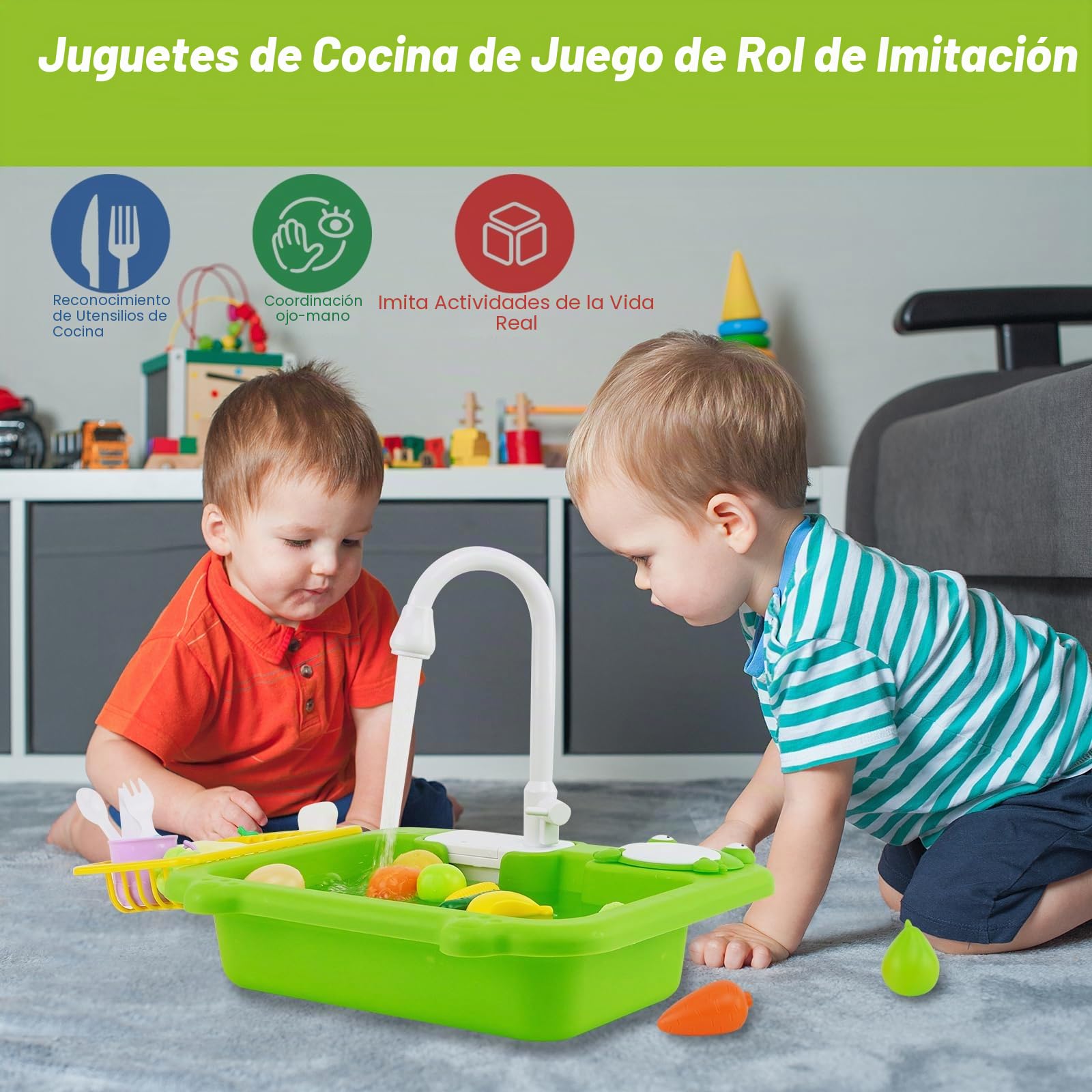 Fregadero de cocina de juguete con agua corriente, juguete de cocina para niños con grifo de reciclaje de agua y lavabo, regalo para niñas y niños a partir de 3 años