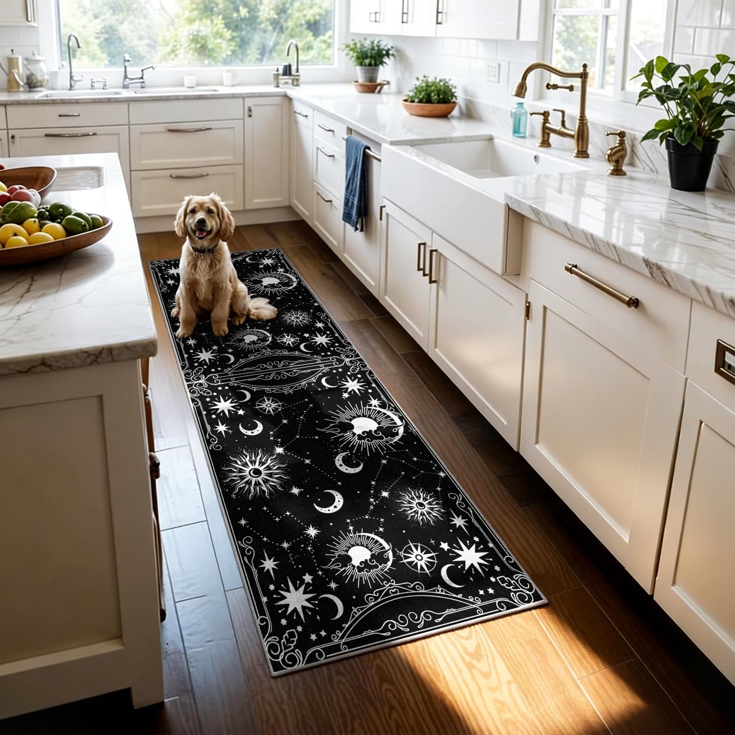 Himmels Läufer Teppich in Schwarz Weiß, 60x200cm Gotischer Teppich Sonne, Mond Sternen für Flur, Langer Teppich Mit Mystischem Sternbildmuster für Schlafzimmer, Waschbare, Rutschfeste Teppiche