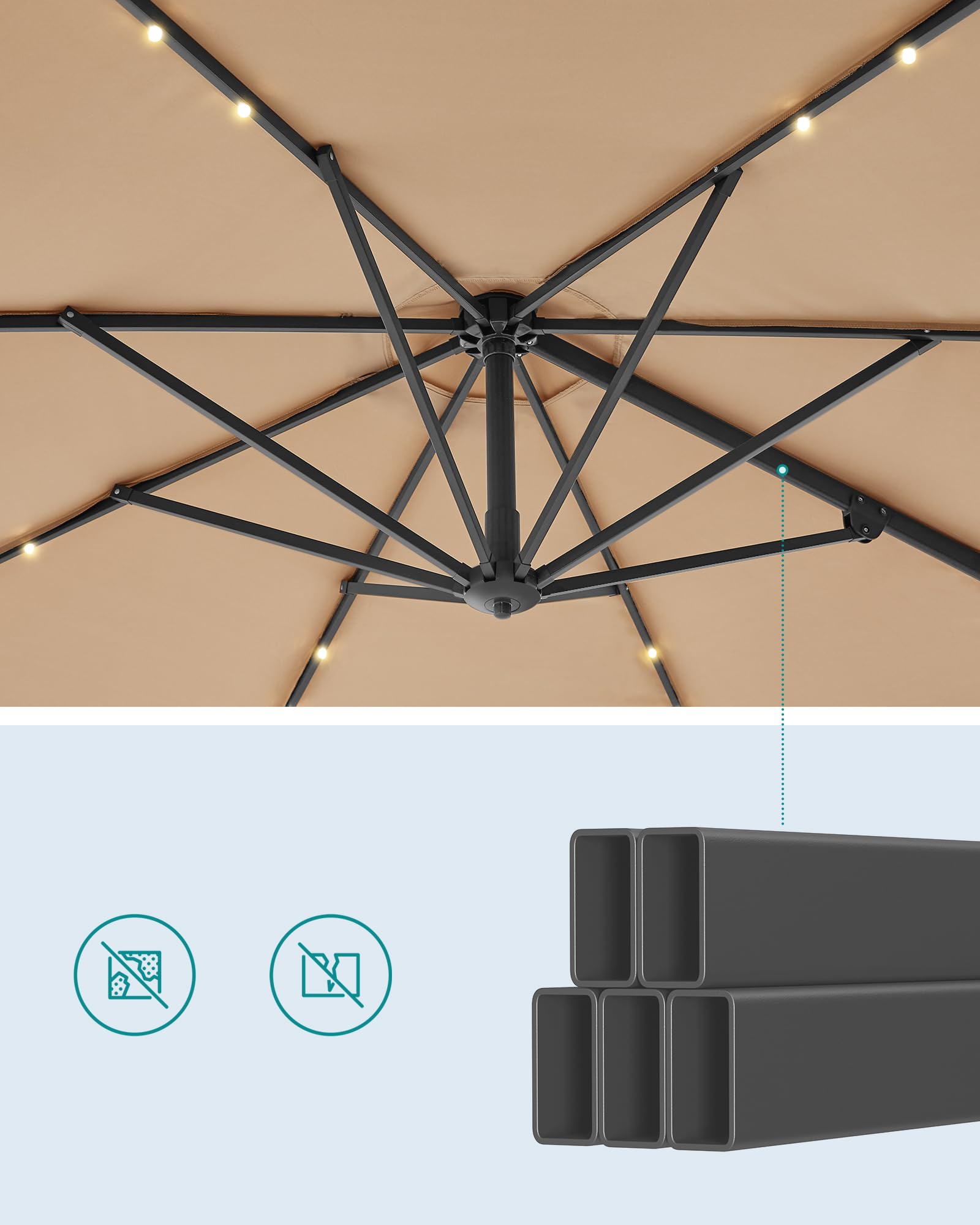 SONGMICS Parasol przeciwsłoneczny z oświetleniem solarnym LED, parasol ogrodowy, 32 diody LED, Ø 300 cm, ze stojakiem, ochrona przed promieniowaniem UV do UPF 50+, z korbą, do ogrodu, na taras