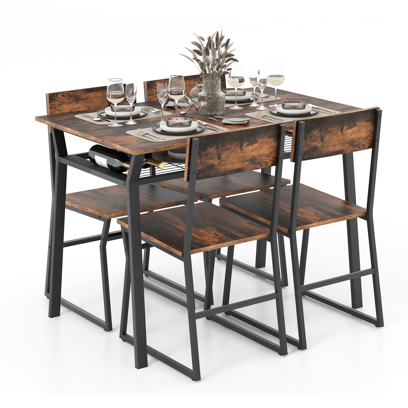 GIANTEX Essgruppe Esstisch mit 4 Stühlen, Esszimmergruppe Küchentisch Set für 4 Personen, Esszimmer Tisch Set Esstisch Metallrahmen, Esszimmergarnitur Sitzgruppe Industrie für Esszimmer Küche