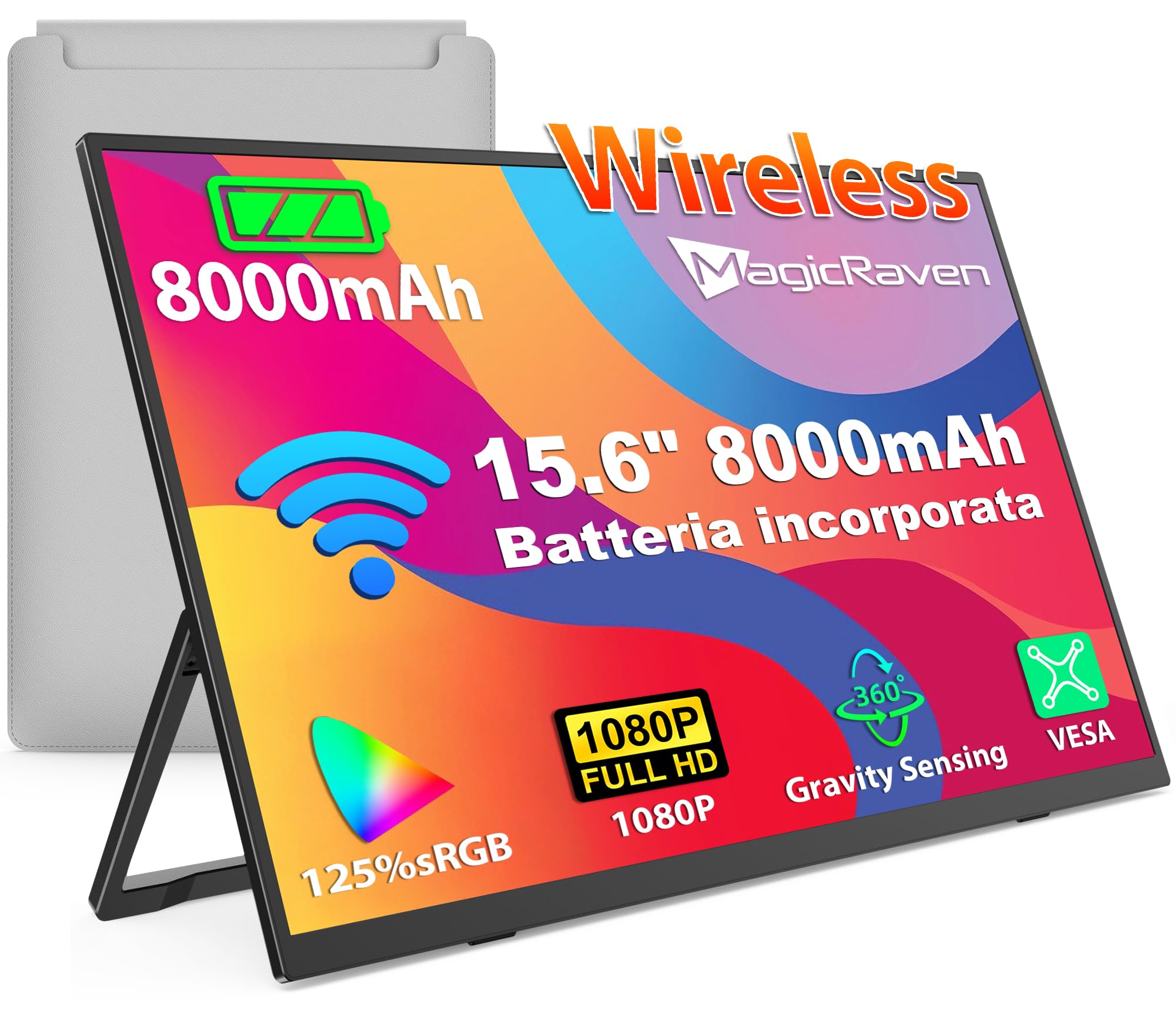 8000mAh Monitor Portatile Wireless (WiFi)，15,6" IPS 1920×1080 FHD Schermo Portatile Batteria Integrata, Monitor Portatil Wireless, Supporto AirPlay/Miracast, per Laptop/PC/Mac/Telefono/Tablet