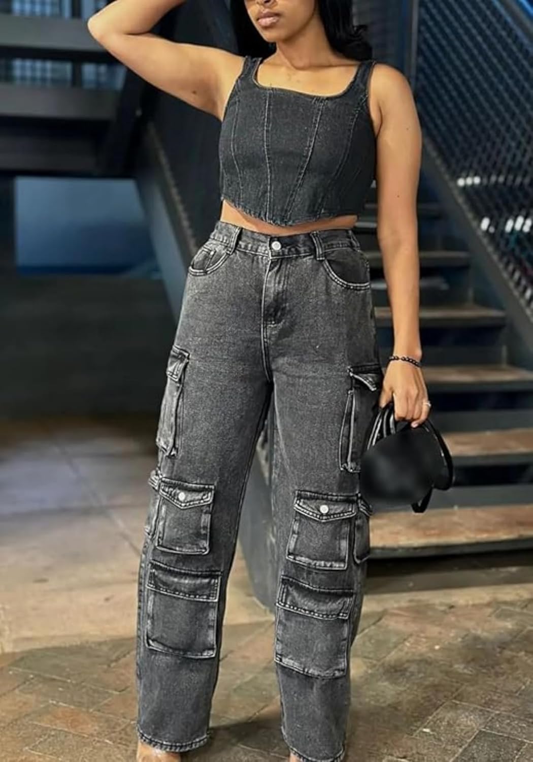 Unybwonn Women Rhinestone Cargo Jeans High Waisted Baggy Sexy Sparkly Cut Out Ripped Distressed Stretchy Denim Pants - Image 5