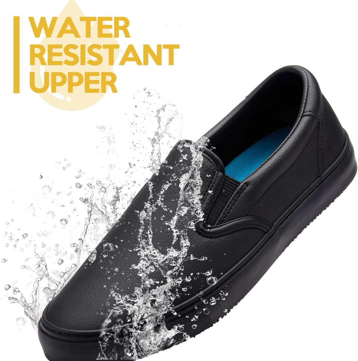 Non-Slip Work Shoes for Men, Leather Slip-on Slip-Resistant (Oil & Water) Sneakers for Food Service, Restaurant Server Shoes, Black Comfortable Casual Stain Resistant Chef Kitchen Shoes