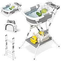 Vista 8 de Bañera para bebé, bañera plegable para recién nacidos de 0 a 24 meses con red de baño suave, bañera portátil de viaje para recién nacidos con pies