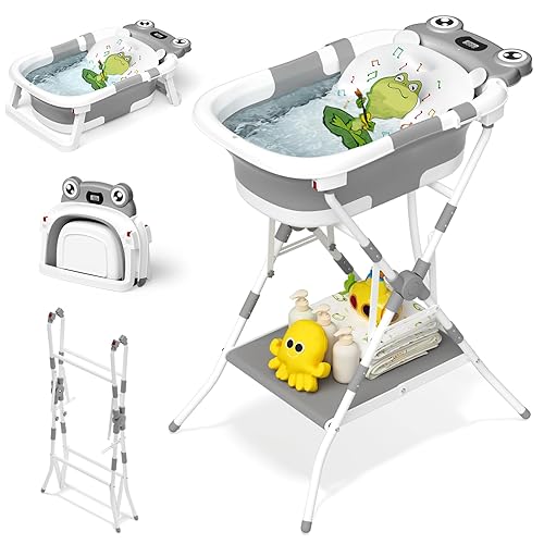 Miniatura 8 de Bañera para bebé, bañera plegable para recién nacidos de 0 a 24 meses con cojín suave y termómetro, bañera portátil de viaje para recién nacidos