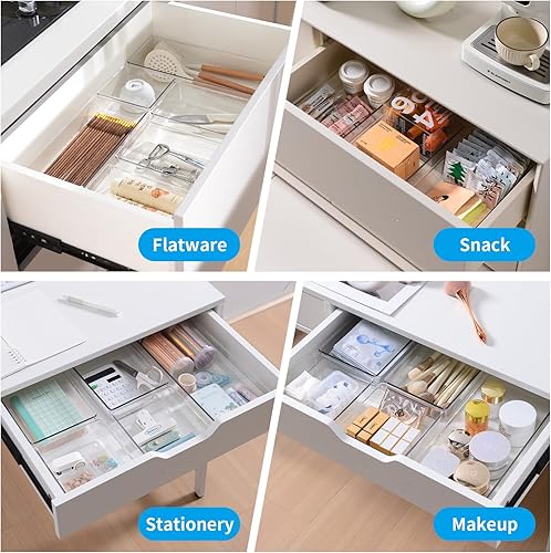 Miniatura 4 de Paquete de 12 organizadores grandes de cajones transparentes para armario, 3 tamaños versátiles bandejas organizadoras de cajones de baño y tocador,
