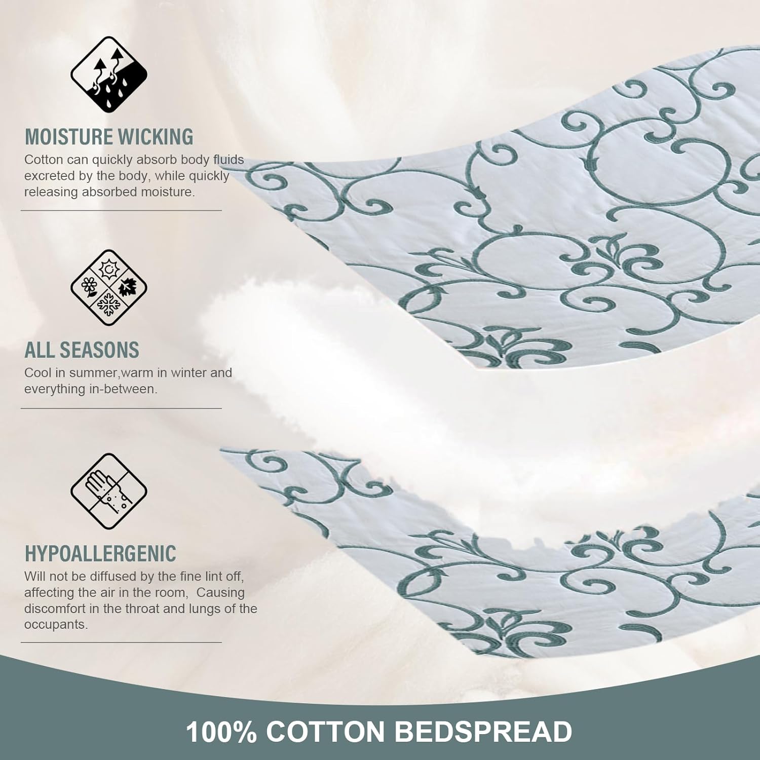 Oversized King Bedspread 128"x120" - 100% Cotton California King Quilt, Embroidered Bedspread Coverlet with Pillow Shams, Lightweight Quilted Bedding Set 3 Piece, Aqua Blue/White - Image 4